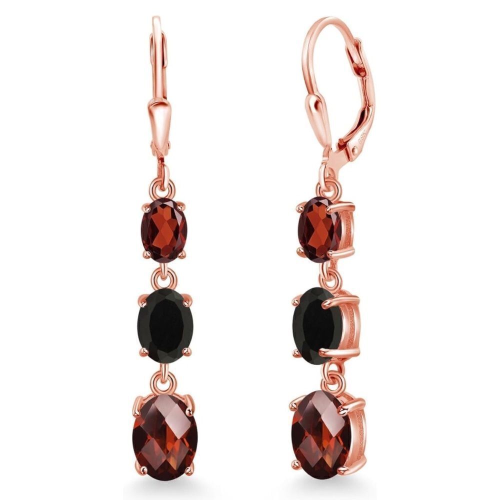 18K Rose Gold with 5.61 Cttw 3 Stone Garnet and Black Onyx Leverback Earrings